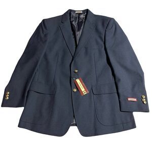 Louis Martin Blazer Mens 42 R Navy Blue Gold 2 Buttons Wool Blend Washable NWT